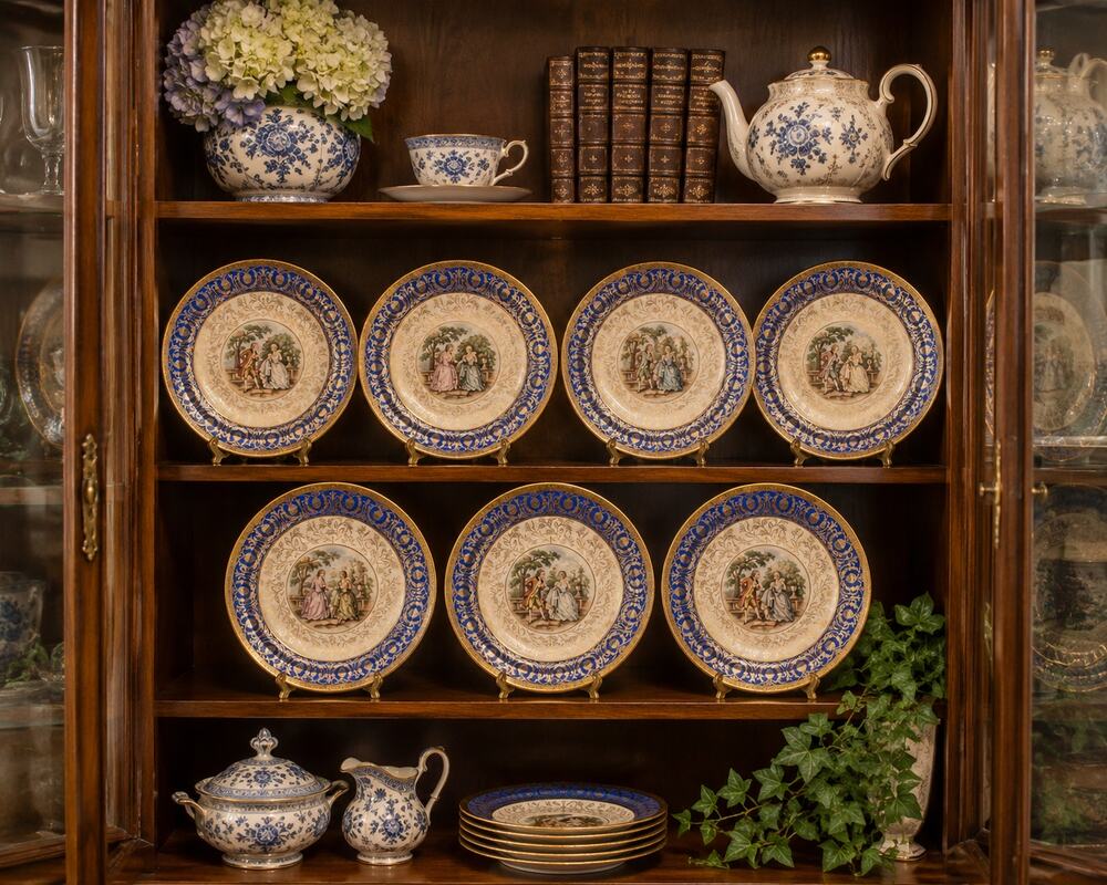 Vintage TST Bromley Salad Plates Set of 7 Cobalt Blue 22K Gold Taylor Smith